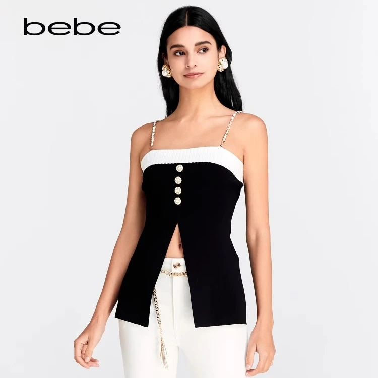 bebe新款修身撞色开叉背心吊带上衣130515