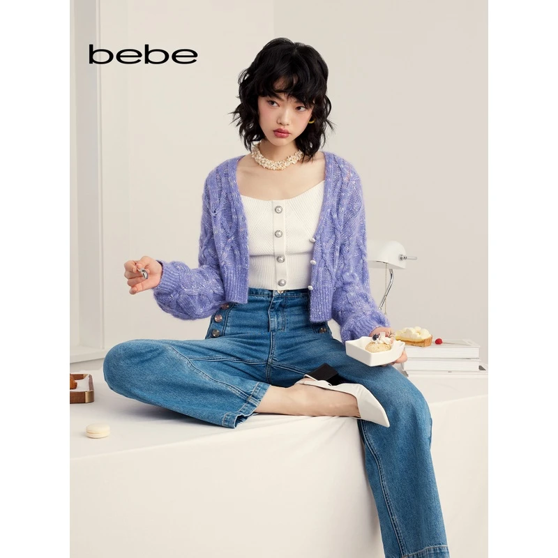 【博主同款】bebe春季新品女双排扣时尚阔腿长裤牛仔裤111005