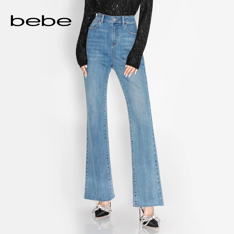 bebe2023秋季新品女士微喇毛边高腰复古水洗蓝色牛仔裤长裤311001