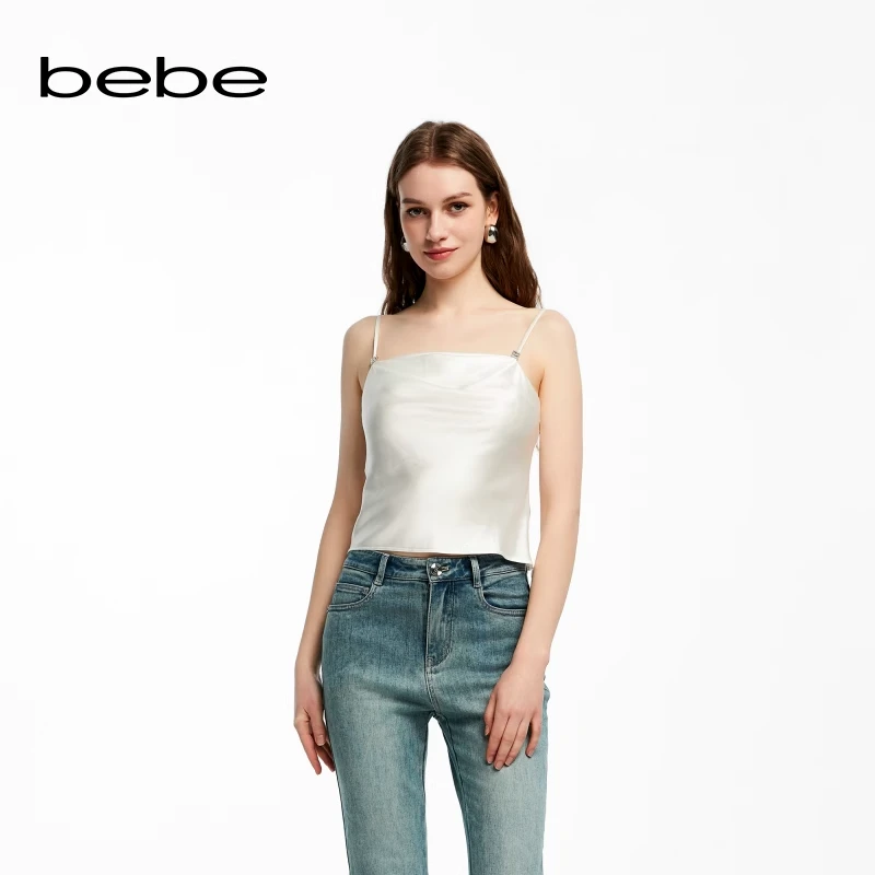 bebe2024夏季新款女士简约荡领缎面修身纯色吊带281208