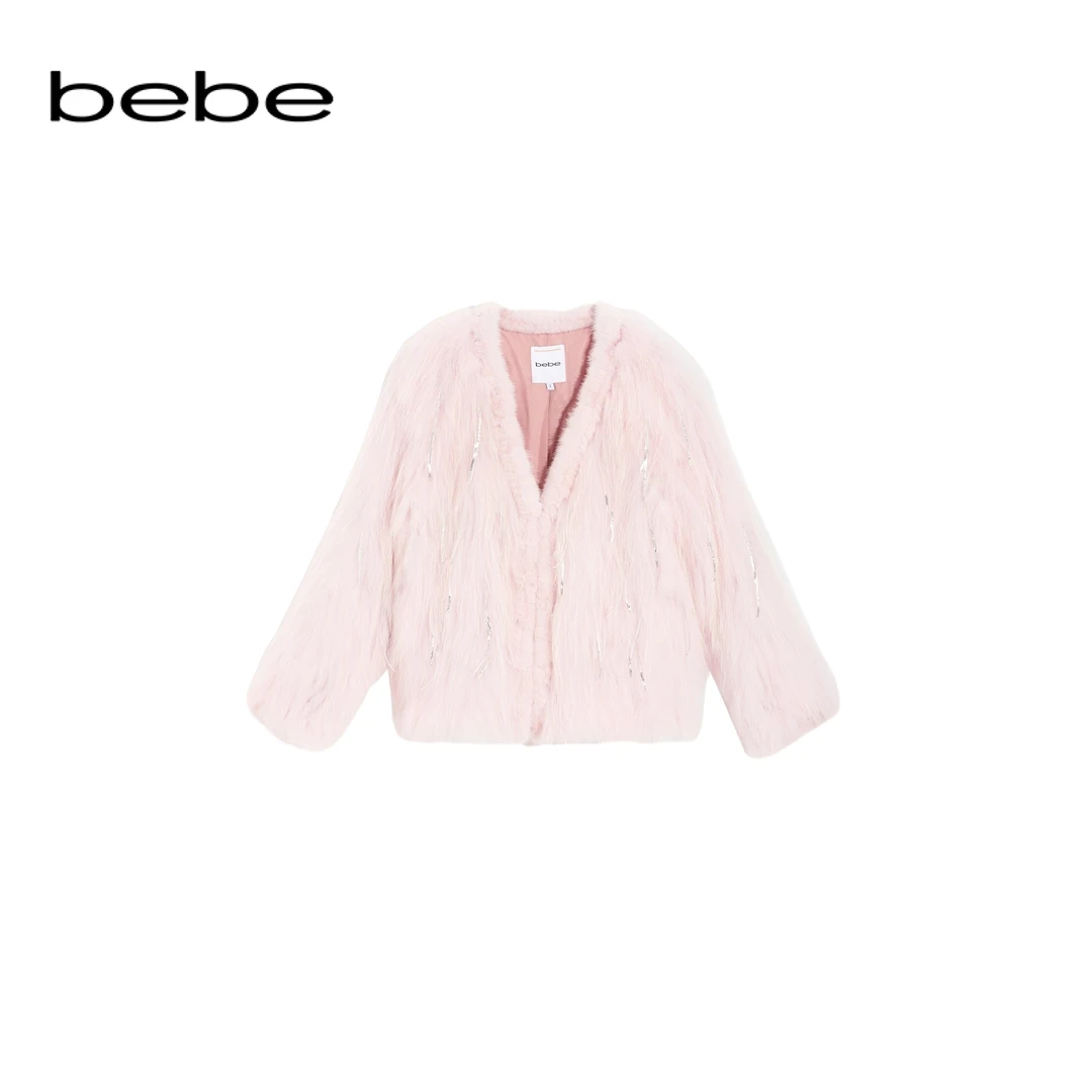 【璀璨派对】bebe冬季系列无领宽松长袖皮草外套402105