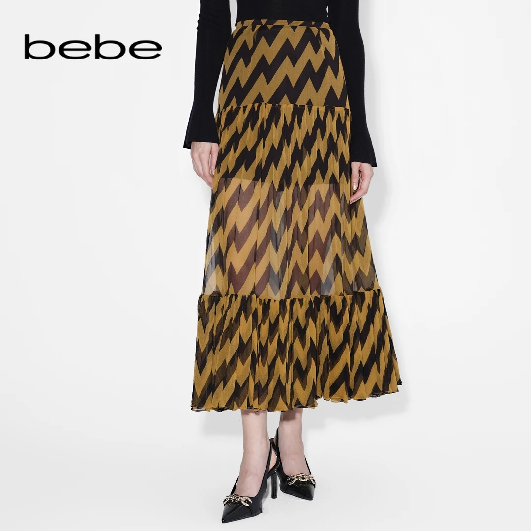 bebe冬季系列女士印花微透中长款A字半身裙420001