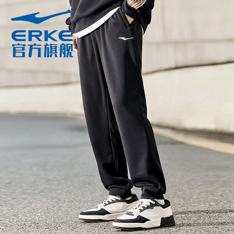 erke/鸿星尔克男裤2025新款平口针织长裤卫裤直筒宽松男子运动裤