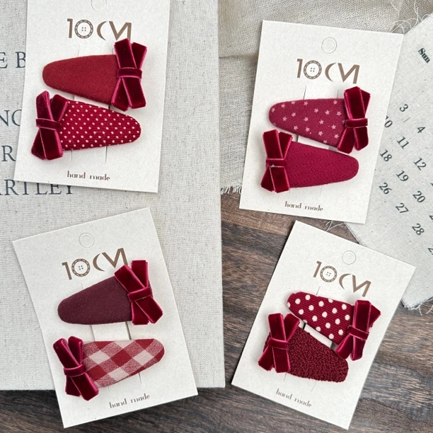 韩系红色系布艺格子丝绒蝴蝶结儿童BB夹甜美小女孩碎发刘海碎发饰