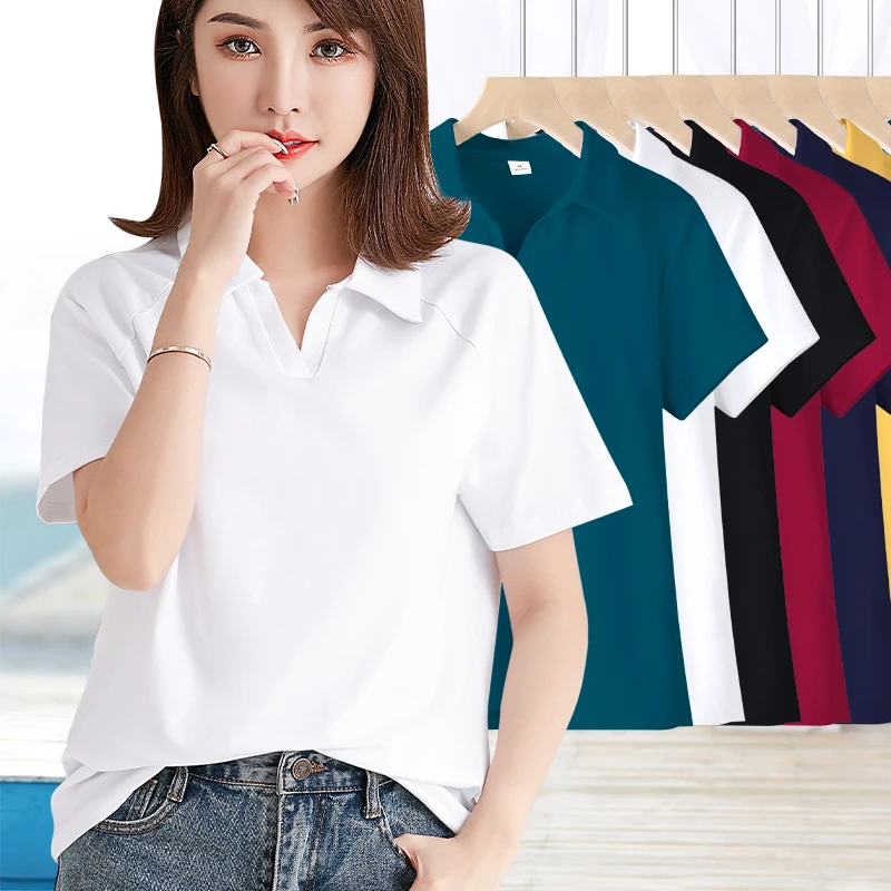 白色宽松显瘦短袖t恤女夏季新款休闲百搭翻领无扣polo衫体恤#764