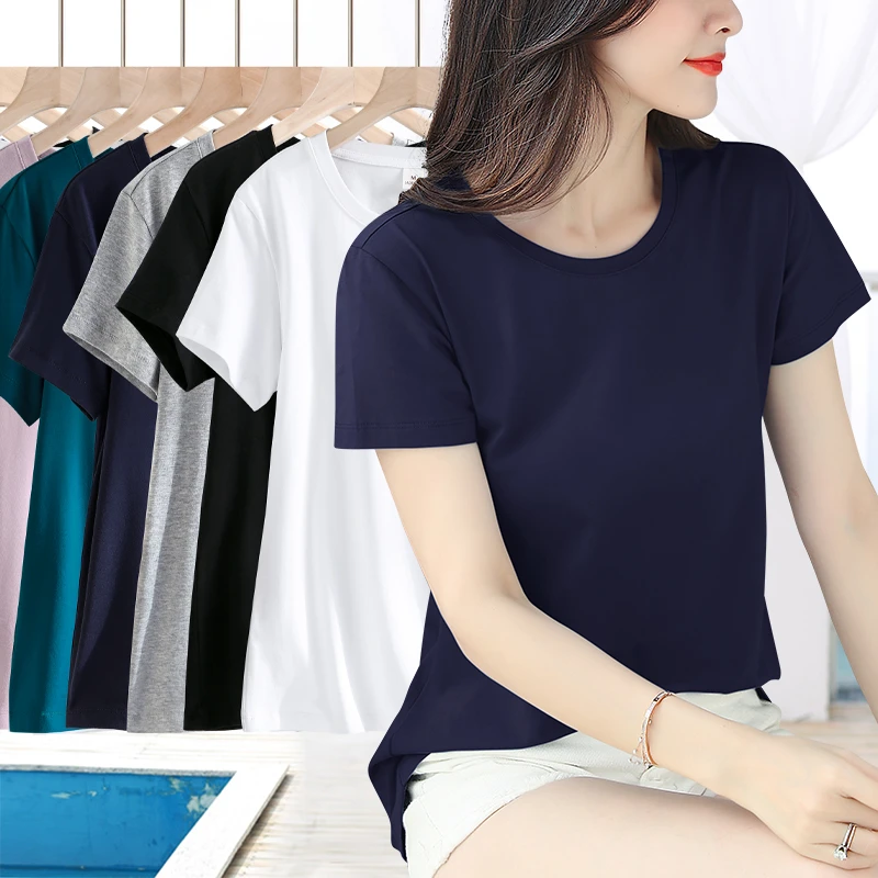 藏蓝色修身圆领短袖t恤女夏季新款百搭简约显瘦打底体恤上衣#923