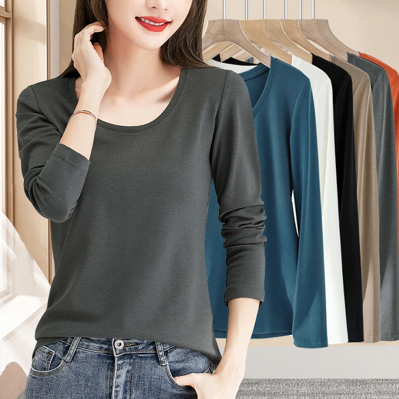 春秋外穿秋衣高级灰色长袖t恤女低圆领打底衫高弹力内搭上衣#878
