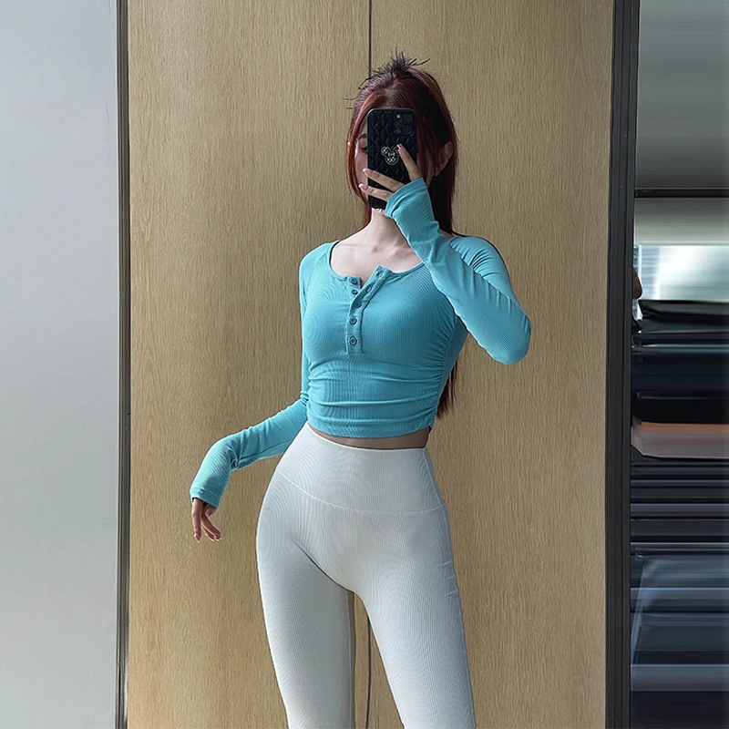 奔跑吧卡卡长袖运动上衣短款露腰瑜伽服螺纹T恤秋季健身服P185-3