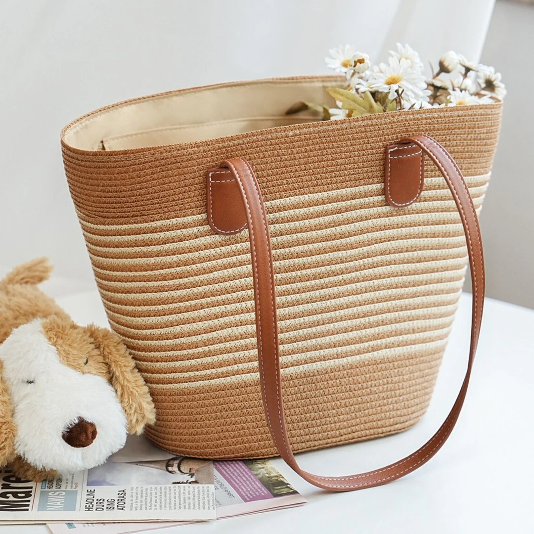 米条纹23年新款纯手工编织腋下包气质大容量女包菜篮子风草编包包