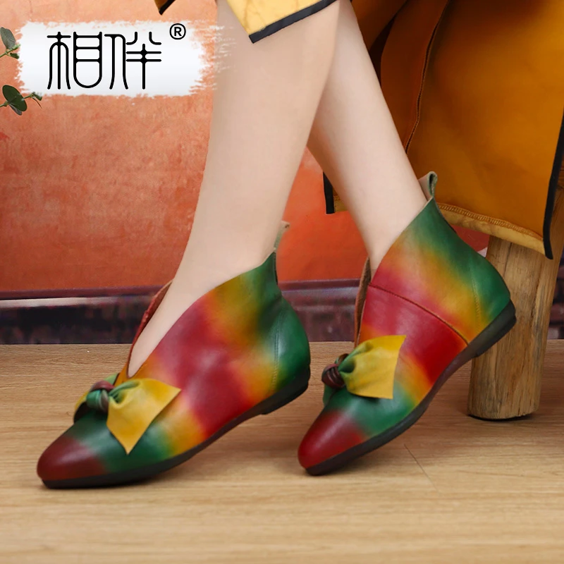 相伴【彩虹依旧】真皮一脚蹬高帮深口单鞋女蝴蝶结五彩色女鞋52518