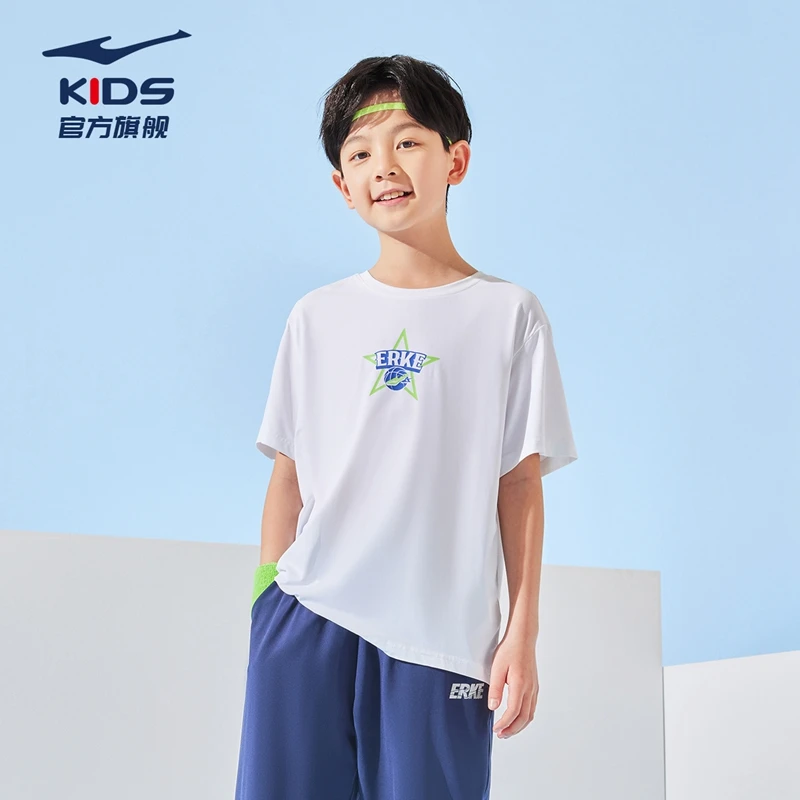 鸿星尔克男童24款夏季户外休闲宽松透气短袖舒适针织中大童印花