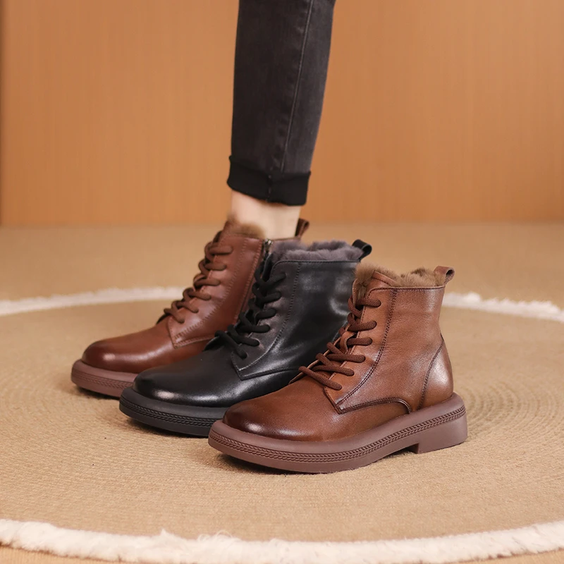听纯22818复古牛皮短靴百搭休闲马丁靴平底加厚保暖冬季厚底真皮