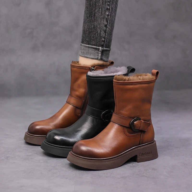 听纯36980冬季真皮马丁靴厚底牛皮时尚中筒靴加绒加厚皮靴女爆款