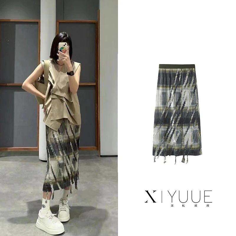 JN354夏季新款松紧高腰拼色长半裙百褶裙流苏直筒裙半身裙女354