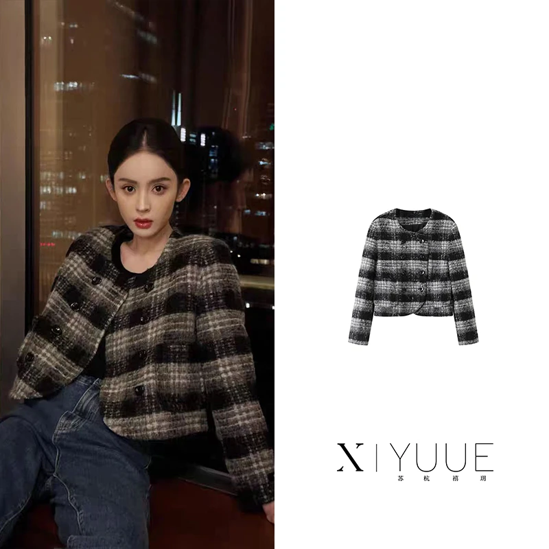 SW291冬季百搭宽松黑白格纹小香风圆领双排扣毛呢外套短上衣女291