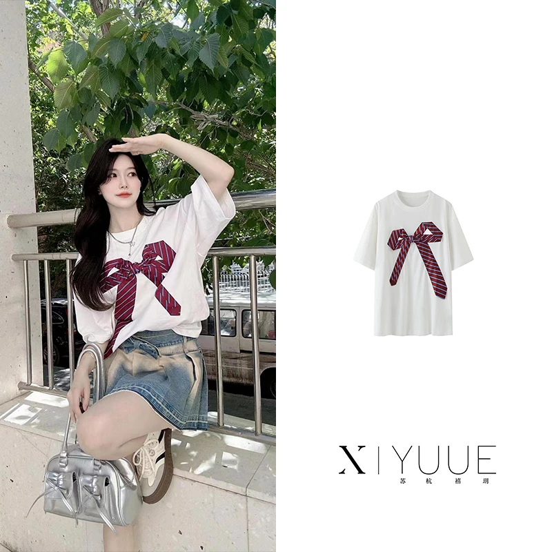 W069秋装新款休闲宽松百搭立体领带蝴蝶结装饰短袖T恤女时尚069