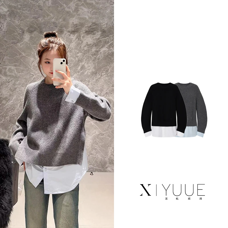 M478冬圆领解构衬衫拼接宽松百搭假两件纯色针织衫毛衣上衣女478