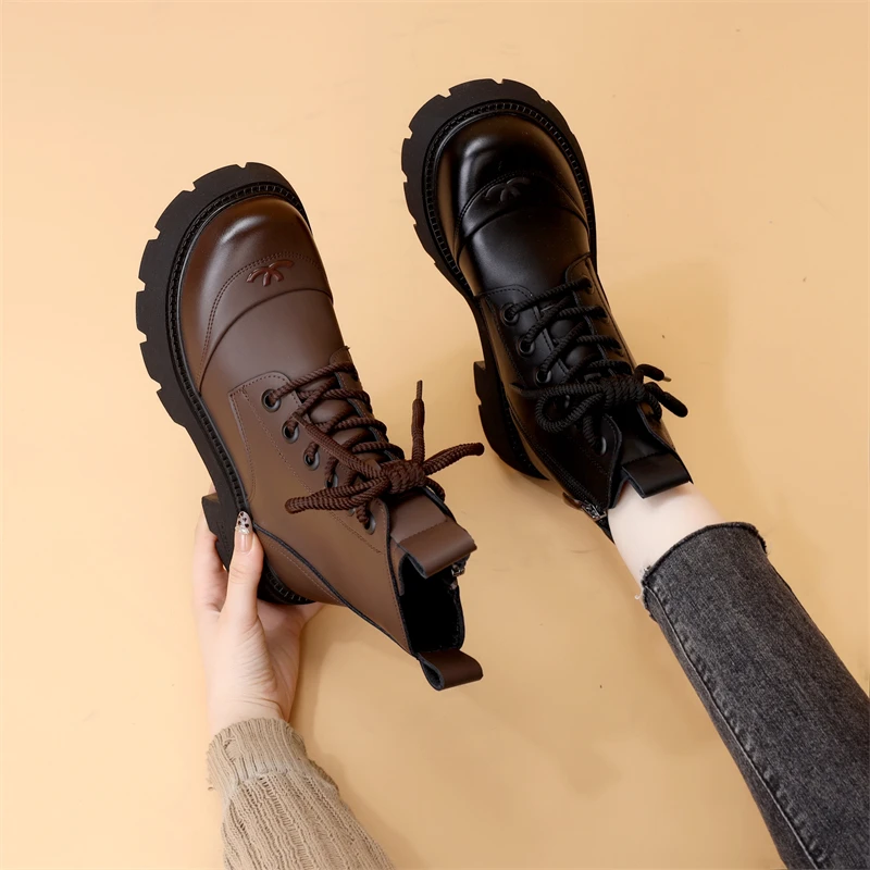 粗跟厚底马丁靴女英伦风2024新款秋冬季加绒复古百搭美拉德风短靴