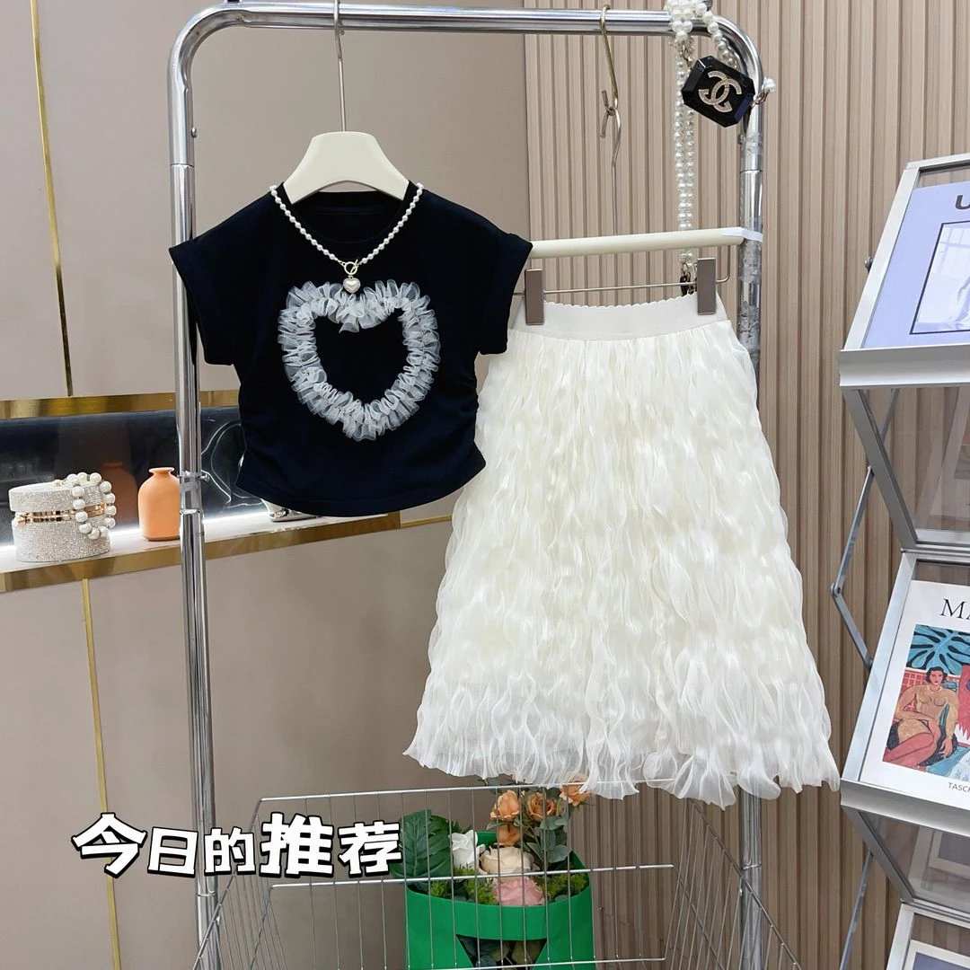 童装女童2025夏季新款儿童洋气时尚宽松T恤搭配百褶网纱裙套装潮