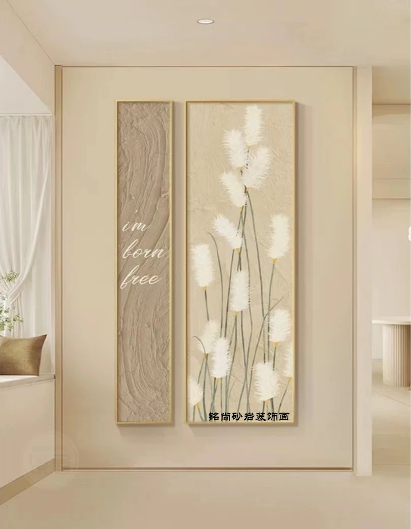 砂岩画原木风玄关装饰画竖版两联入户门挂画现代简约走廊过道壁画