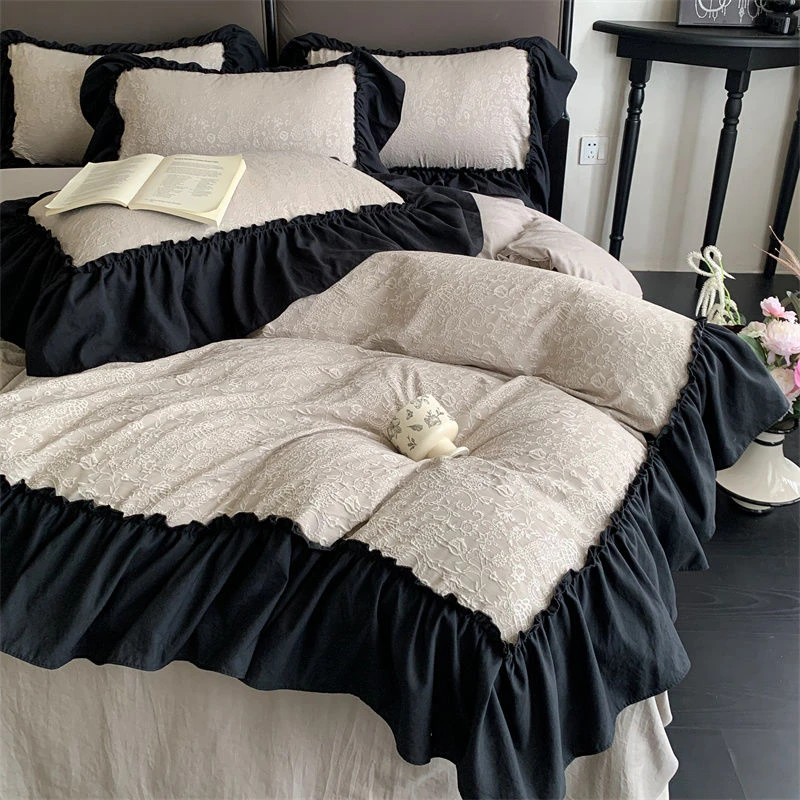 加厚网红立体提花双层纱四件套公主风花边被罩床单床笠款被套纯色