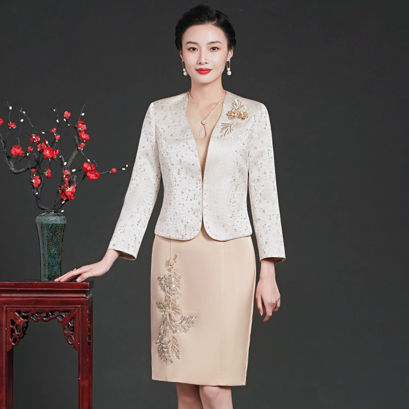 高端婆婆妈妈婚宴礼服香槟色两件套连衣裙气质中年时尚套装裙旗袍