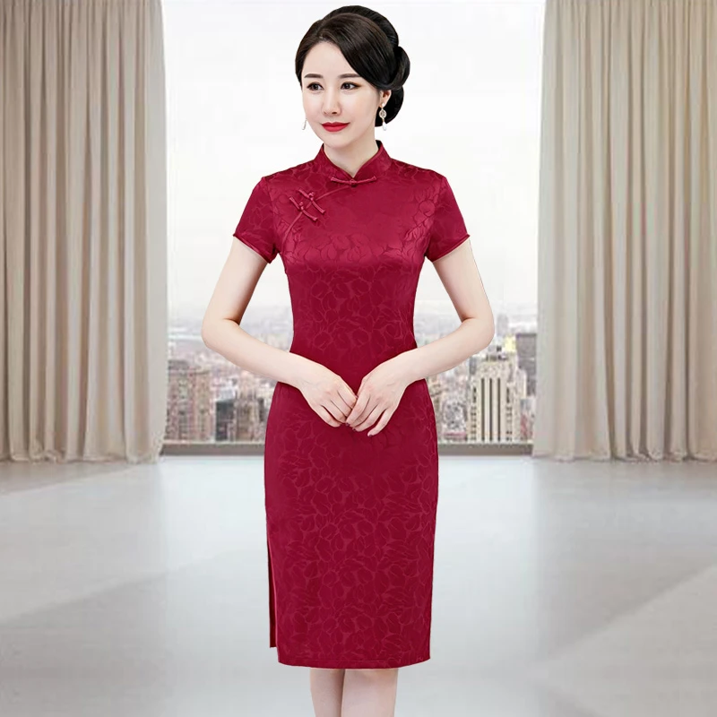 年轻喜婆婆旗袍裙装洋气桑蚕丝连衣裙夏结婚礼妈妈礼服真丝旗袍