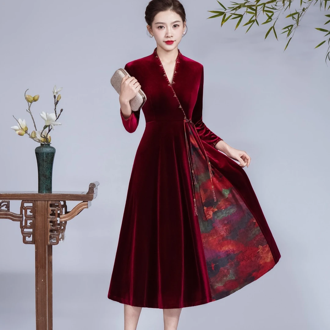 跨境热卖古蕴喜婆婆敬酒旗袍装改良款喜妈妈婚宴晚礼服复古连衣裙