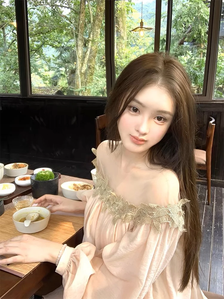 <<No退NO换>>古早Liz/一字肩连衣裙短裙秋季蝴蝶结甜美减龄上衣