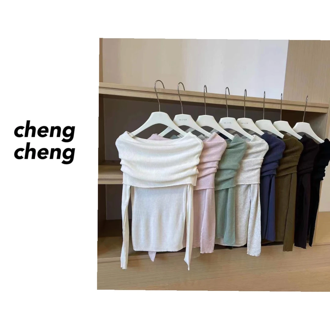 【芊芊少女】2024新款一字领针织衫上衣秋季长袖露肩性感修身显瘦