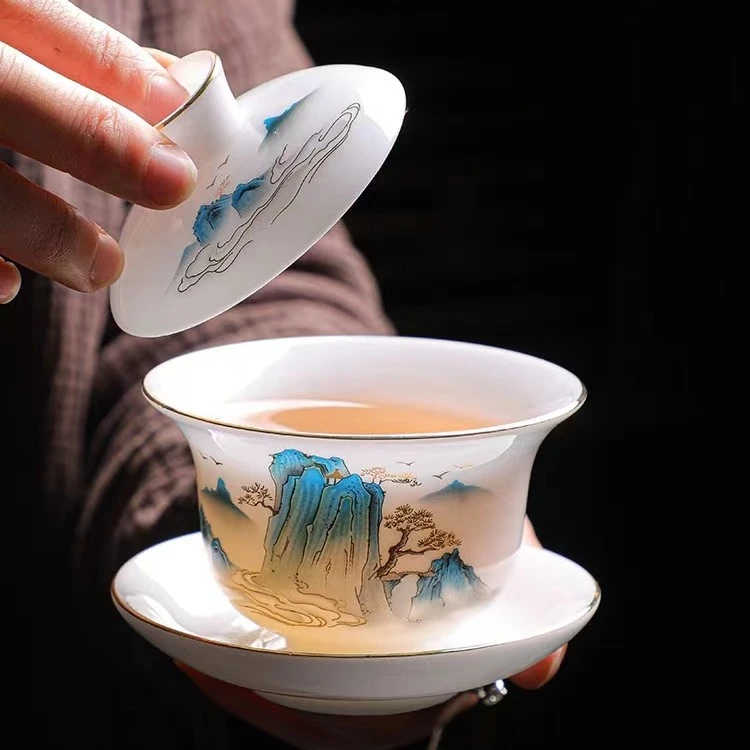 乐博冰种玉瓷三才盖碗单个手工超薄胎茶碗带盖高端白瓷茶具泡茶器