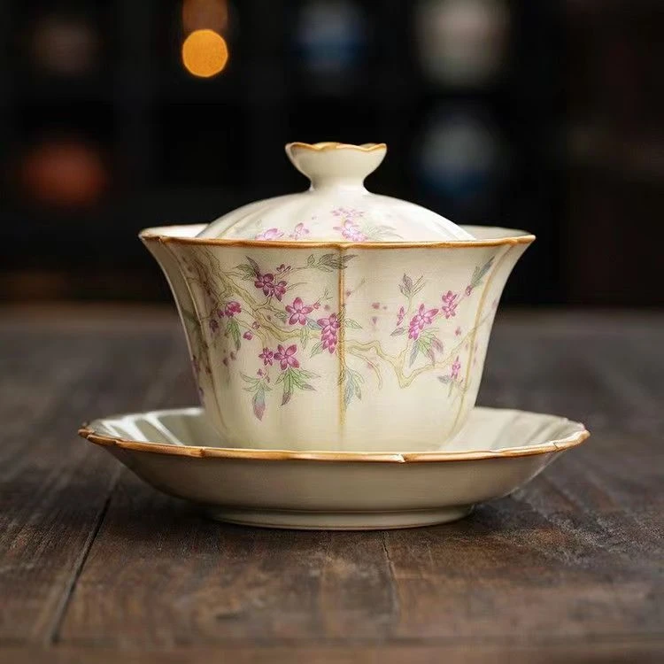 米黄汝窑斗笠盖碗茶杯大号高档功夫茶具家用办公室单个防烫泡茶器