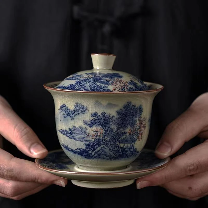 中式仿古手绘青花江山可染三才盖碗家用大号单个功夫防烫泡茶碗