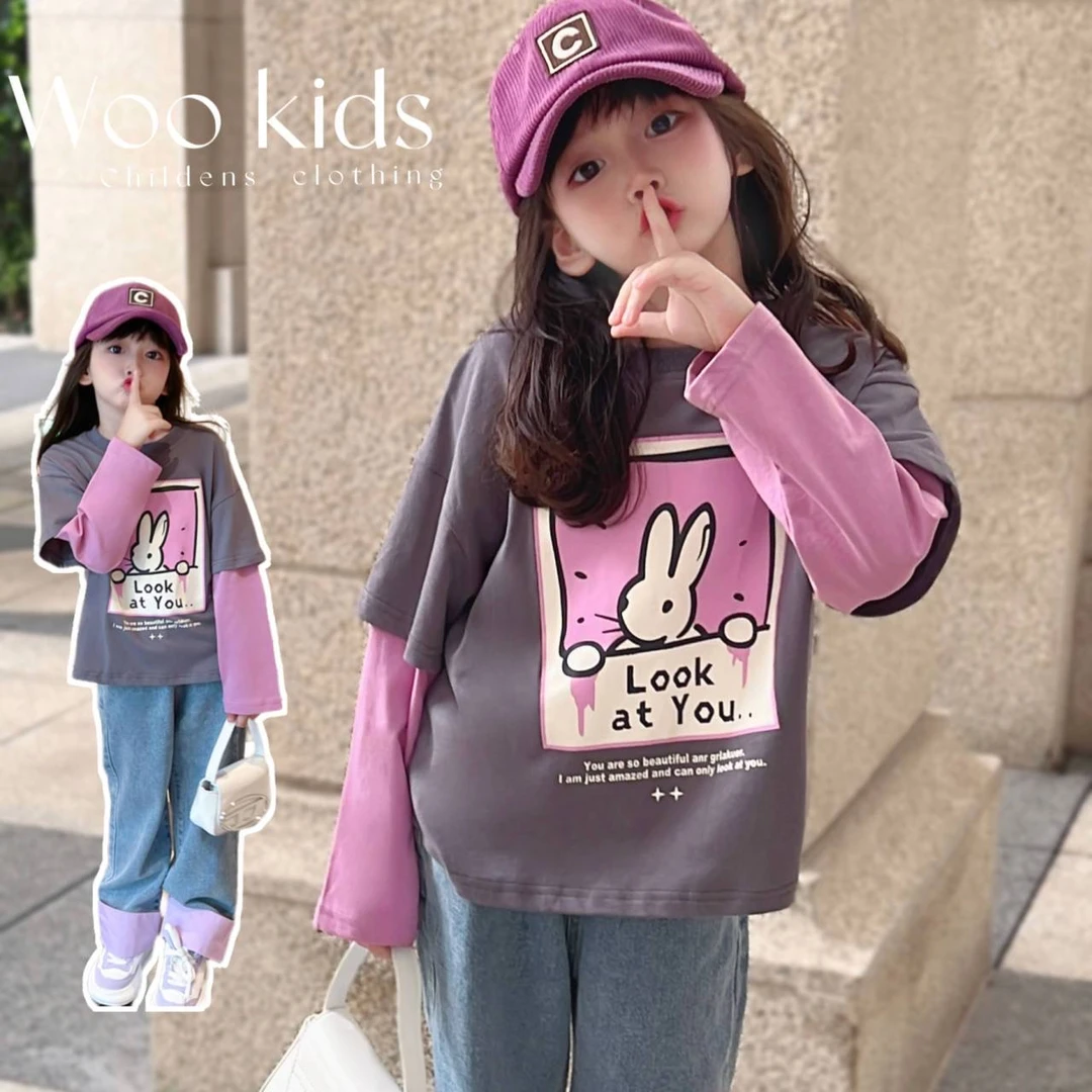 假两件童装女童T恤春秋款2023秋季韩版中大童女孩洋气百搭上衣潮