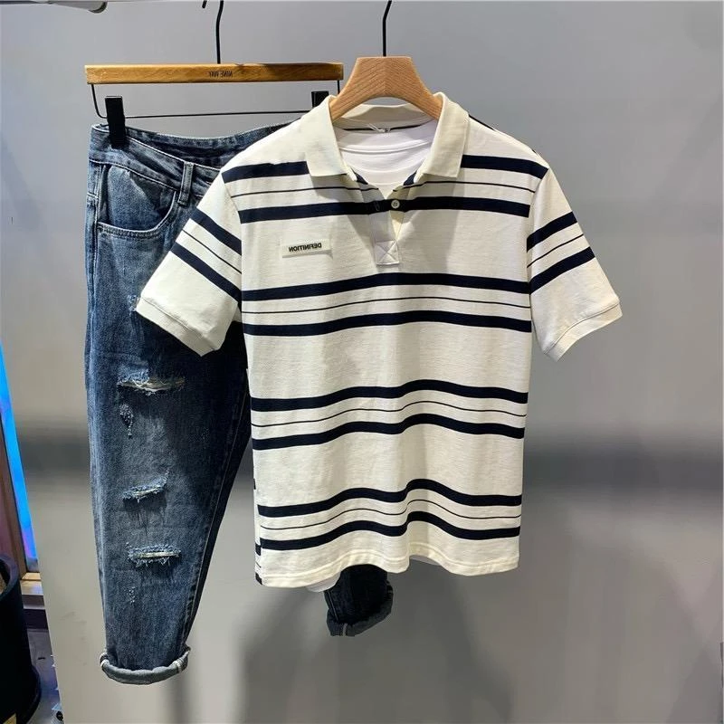 2025夏季新款潮流ins条纹短袖POLO衫男韩版宽松罗衫翻领T恤男