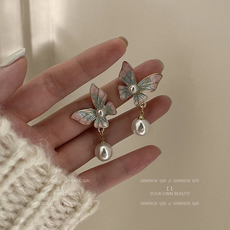 粉蓝珐琅蝴蝶珠珠耳坠梦幻少女仙气日系耳饰简约法式温柔耳环