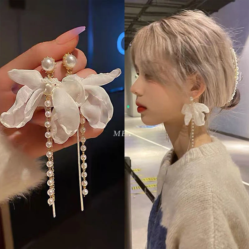 法式仙女蝴蝶结珠珠流苏长款个性气质温柔高级感耳环