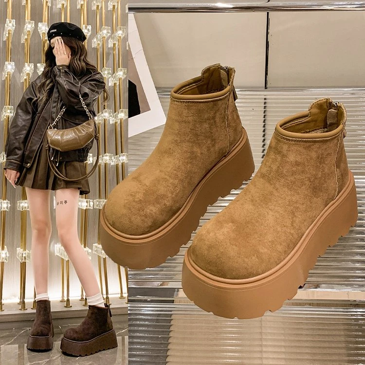 时尚雪地靴厚底2024冬季新款加绒后拉链保暖女棉靴百搭休闲女短靴