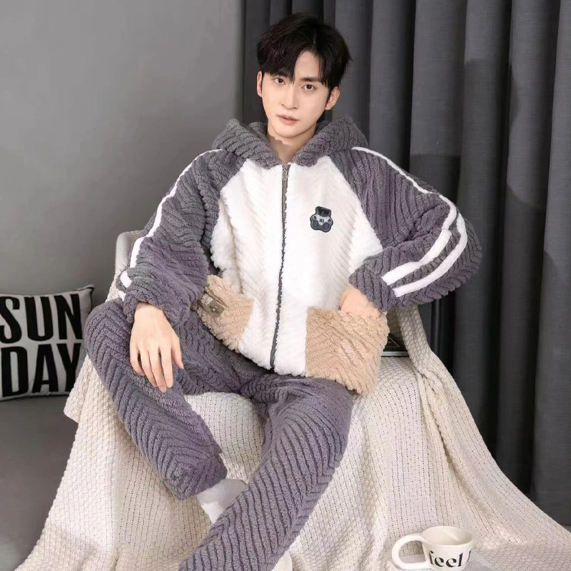 秋冬季男士休闲连帽加绒加厚保暖宽松时尚家居服套装