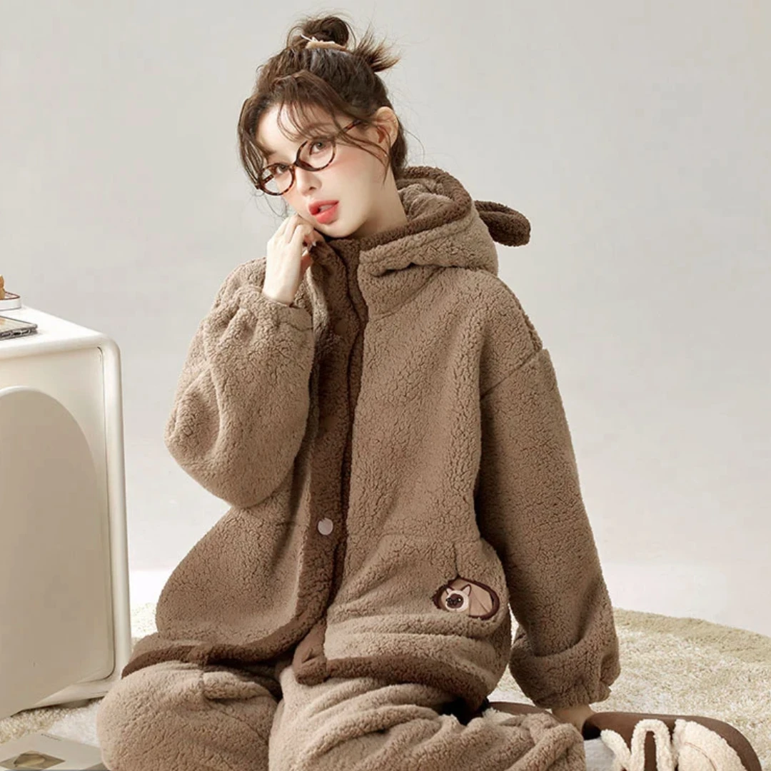 现货链接2024新款冬季加厚款家居服小熊卡通可爱款经典百搭加绒