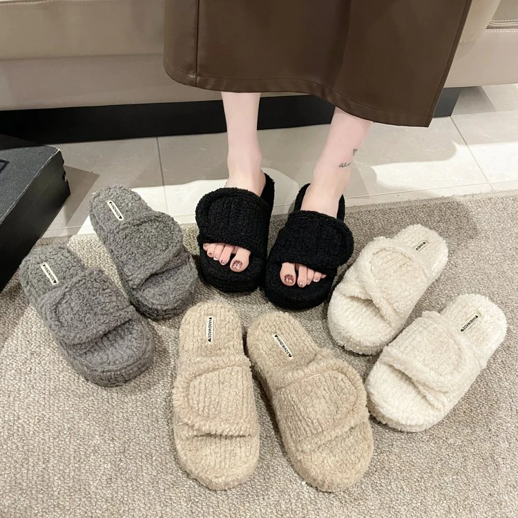 网红小个子高颜值外出松糕厚底魔术贴毛毛拖鞋女外穿百搭一字拖潮