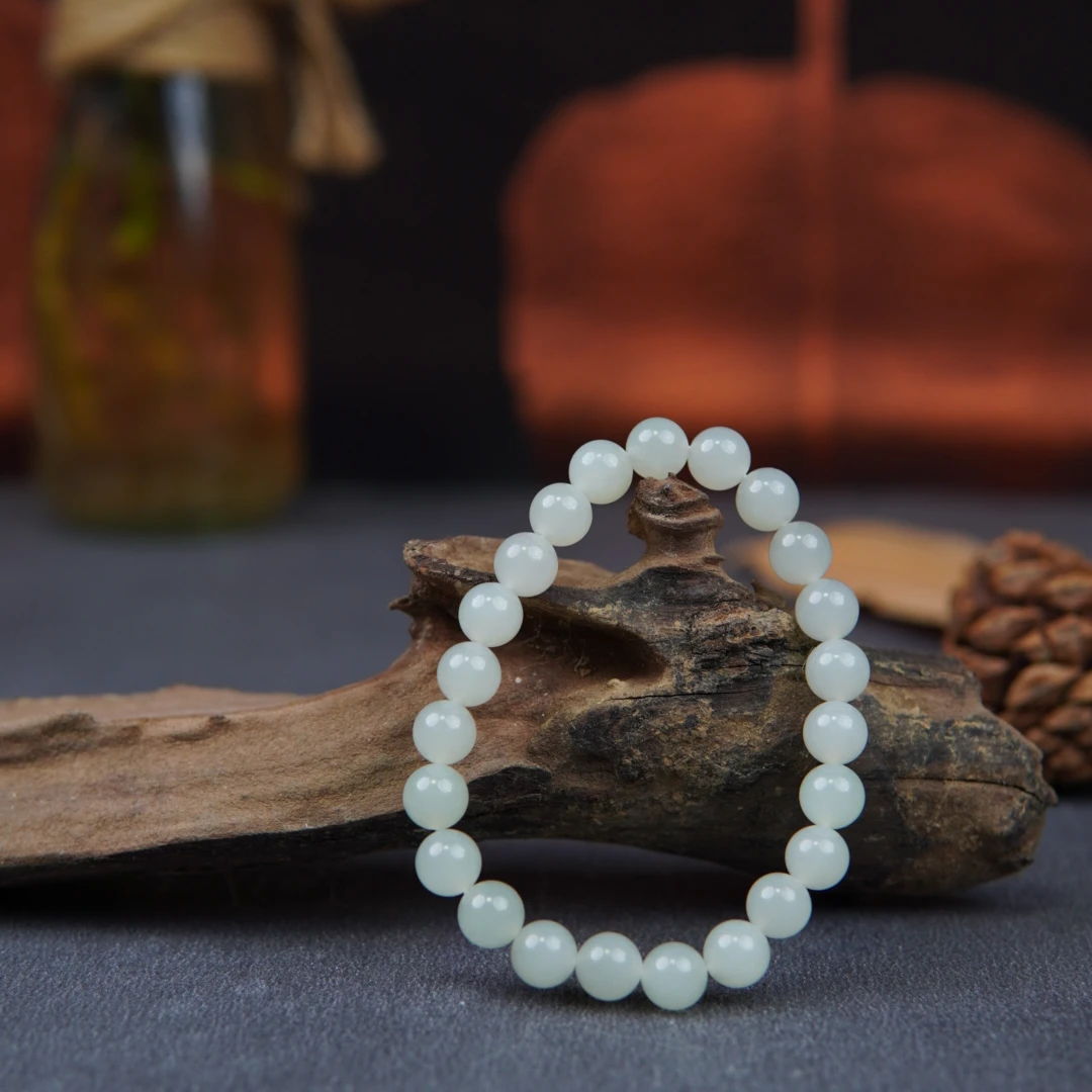 和田玉白月光白玉手串青海老料单圈8mm男女款简约正宗高端手链