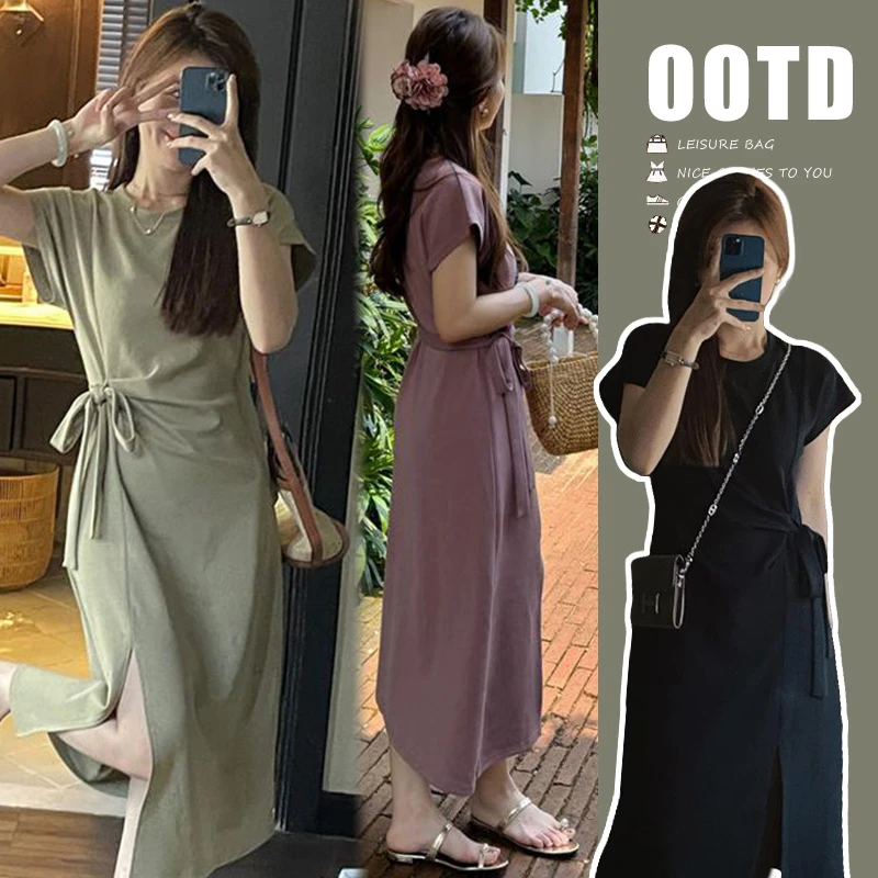 设计感侧面开衩绑带孕妇连衣裙2024夏季韩版收腰显瘦中长款孕妇裙