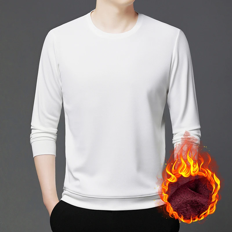 2024年冬季男装加绒加厚T恤圆领宽松型长袖时尚都市