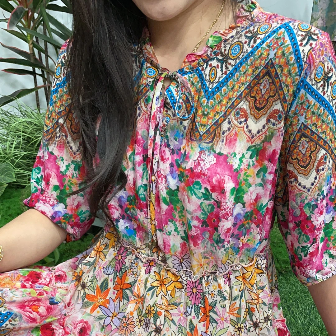 【斯里兰卡】桑蚕丝碎花显瘦气质夏季时尚连衣裙1285