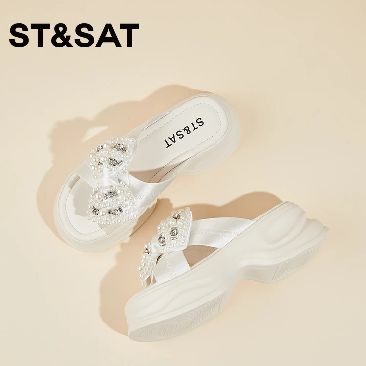 星期六6.5cm松糕凉鞋珍珠蝴蝶结增高拖鞋女2025秋新款厚底女鞋