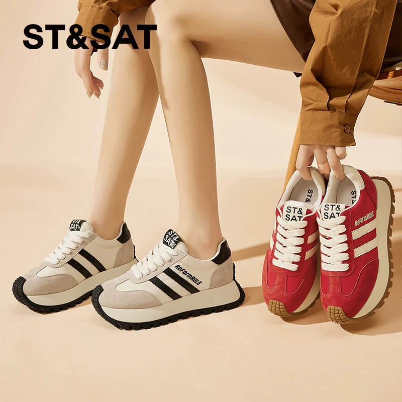 星期六真皮圆头百搭阿甘鞋2025秋款运动休闲鞋厚底透气轻便德训鞋