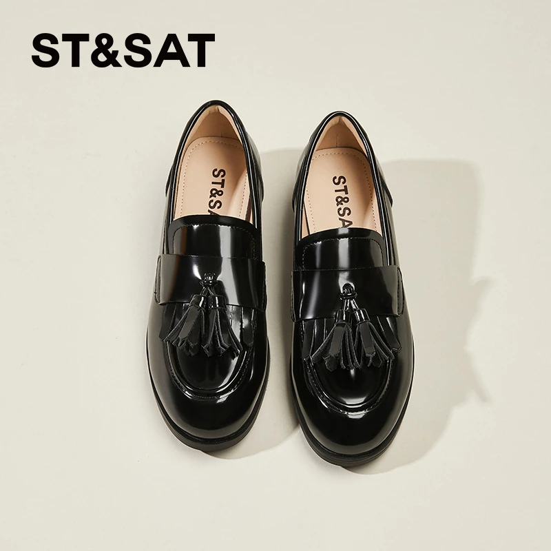 星期六真皮流苏单鞋女2024冬季新款女士复古粗跟乐福鞋女款小皮鞋