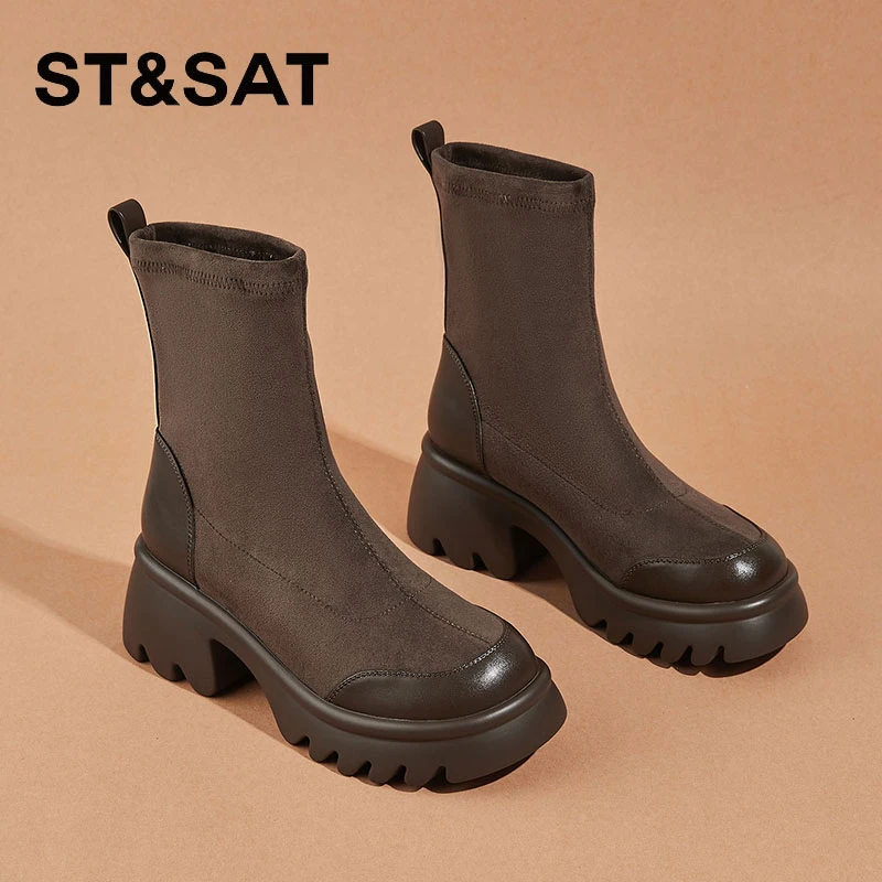 星期六6cm厚底棕色圆头弹力靴瘦瘦短靴马丁靴2025秋冬季中筒袜靴