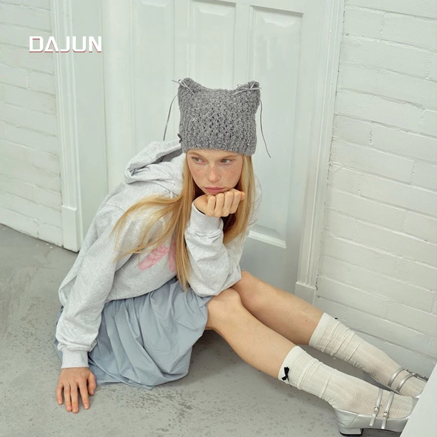 DAJUN 原创设计蝴蝶结猫耳朵镂空针织帽